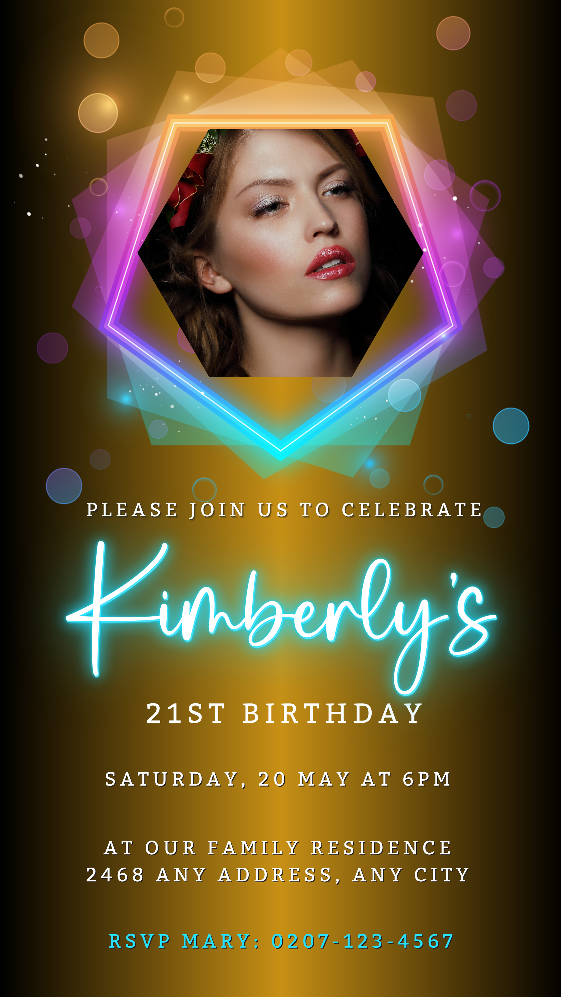 Customisable Digital Gold Pink Teal Neon Evite featuring a woman's face with bright lights, designed for easy personalisation via Canva for birthday parties.