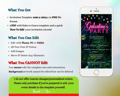 White smartphone displaying a Tropical Neon Pink Galentines Brunch Party Evite, editable via Canva for easy event personalization and electronic sharing.