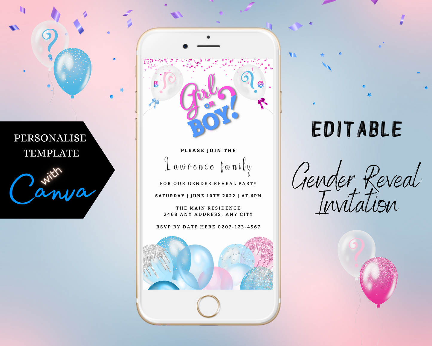 Customizable Digital Blue Pink Boy Or Girl Balloons Gender Reveal Party Evite displayed on a white smartphone, featuring blue and silver balloons with editable text.