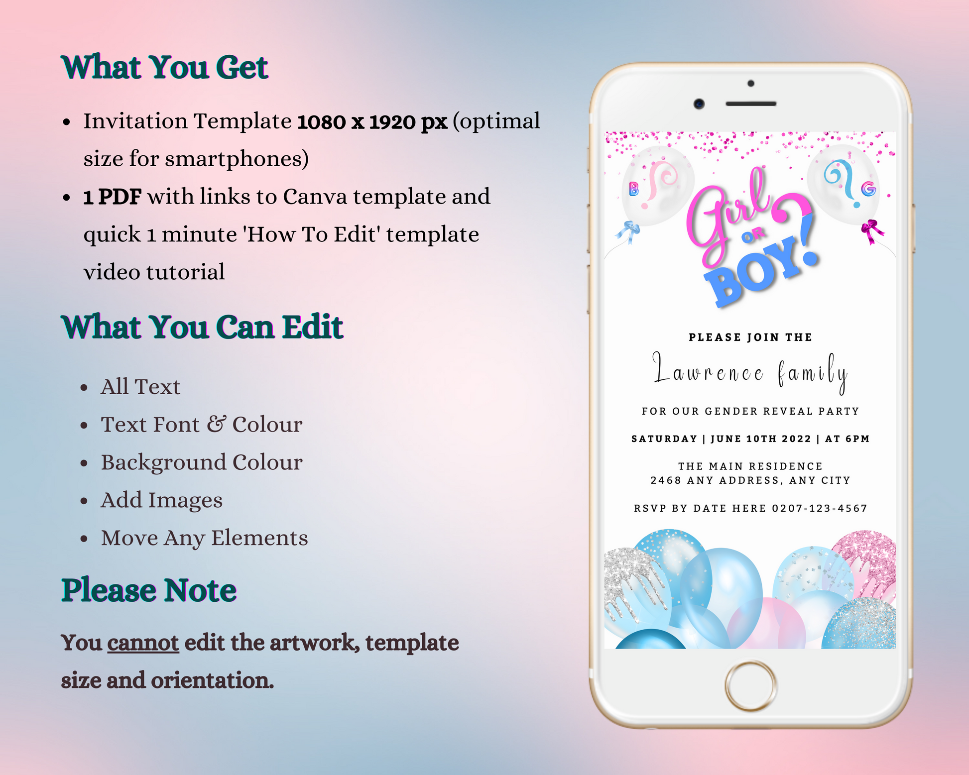 Customizable Gender Reveal Party Evite displayed on a smartphone screen, featuring pink and blue balloons with editable text for event details.