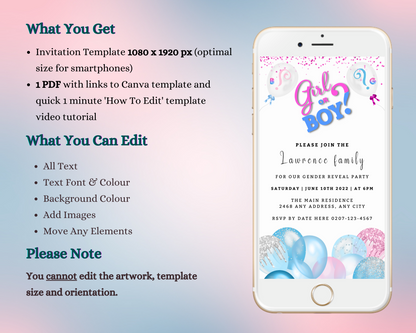 Customizable Gender Reveal Party Evite displayed on a smartphone screen, featuring pink and blue balloons with editable text for event details.