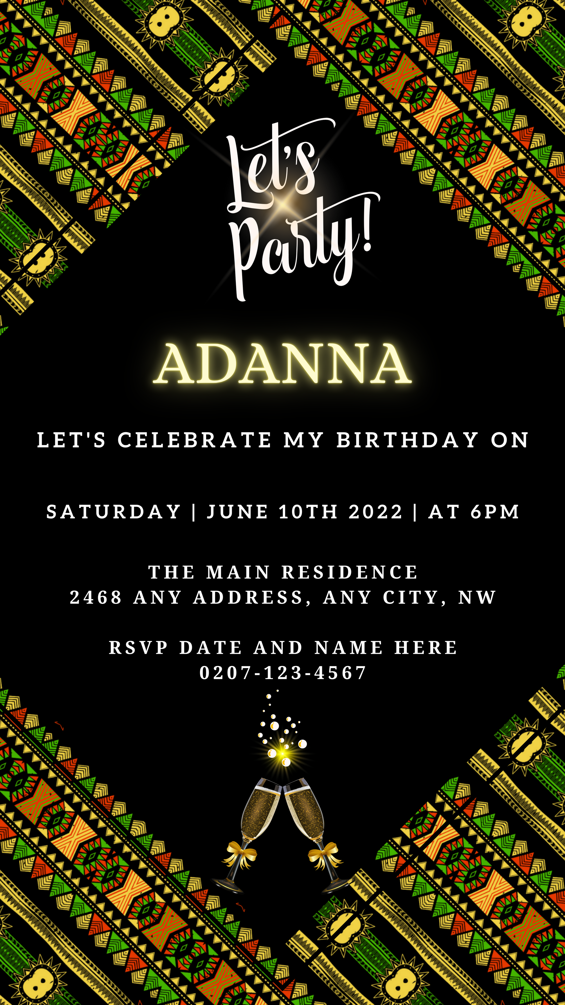 Green Black African Ankara Editable Party Evite features customizable text and graphics, perfect for digital invites via Canva. Download, personalize, and share easily across digital platforms.