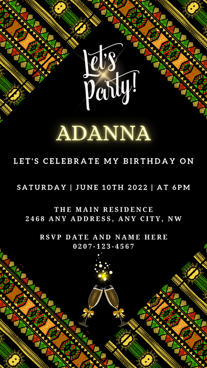Green Black African Ankara Editable Party Evite features customizable text and graphics, perfect for digital invites via Canva. Download, personalize, and share easily across digital platforms.