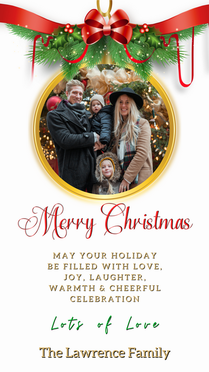 Family of four within an editable digital White Oval Bold Red Merry Christmas Ecard frame, showcasing a customizable holiday photo template for smartphones.