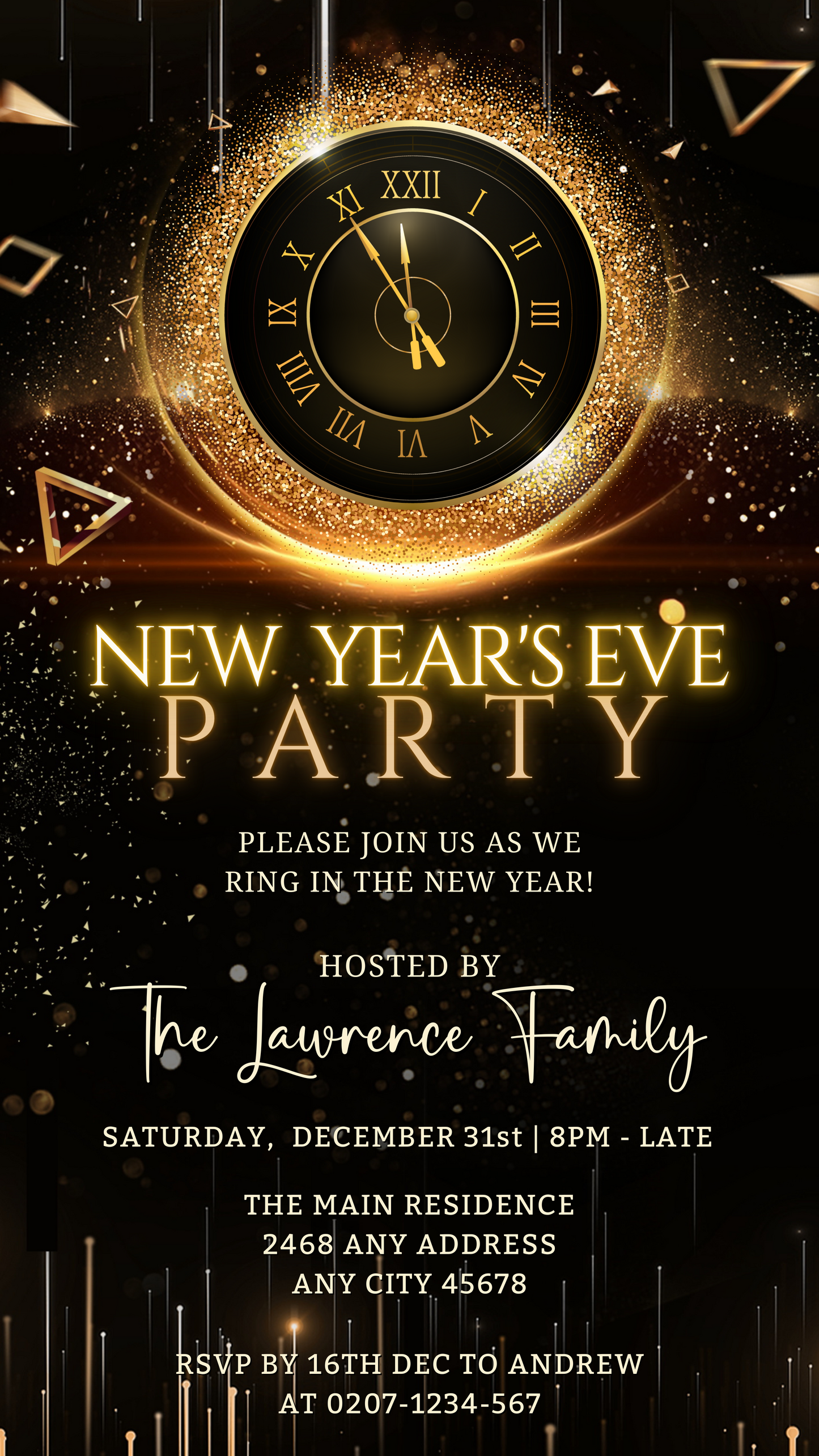 Golden Cyber Clock | New Years Eve Party Evite featuring a black and gold design with a clock. Customizable template for digital invitations via Canva.