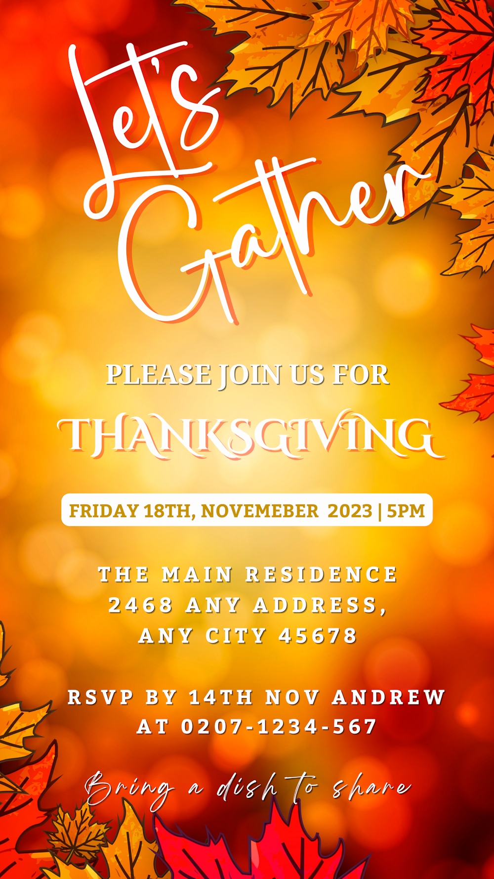 Thanksgiving invitation featuring orange leaves and customizable text, available as a digital template for personal use with Canva.