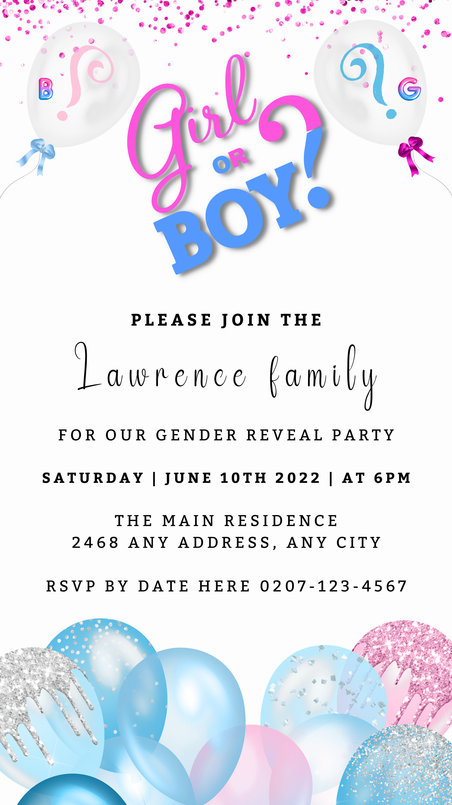 Customizable Gender Reveal Evite featuring blue and pink balloons, editable text, and confetti for a personalized digital invitation. Ideal for smartphone sharing.