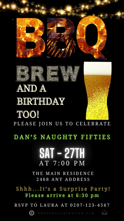 BBQ Flame & Brew Birthday digital video party invite featuring customizable text and beer graphics for electronic sharing via Text, Email, and WhatsApp.