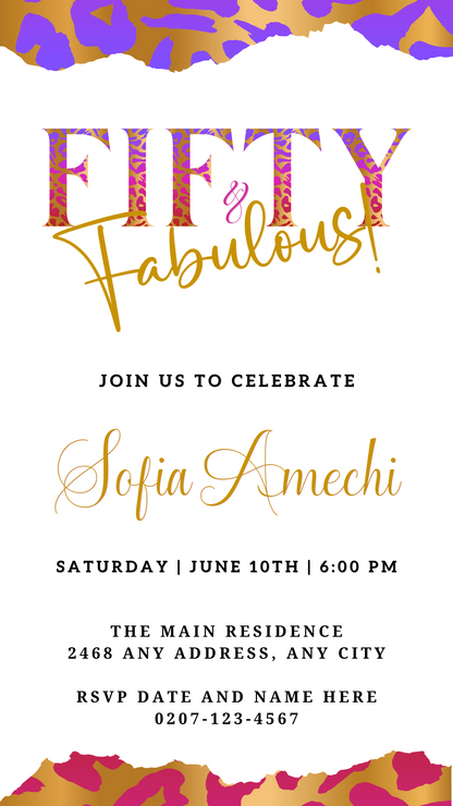 Purple Pink White | Fifty & Fabulous Party Evite with customizable text, gold and pink leopard print accents, designed for easy editing via Canva.