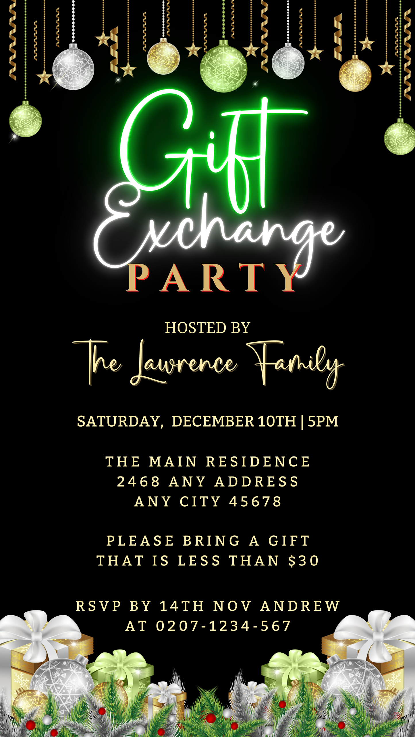 Green Neon Ornaments Gift Exchange | Christmas Party Evite featuring editable digital invitation with green and black design, gift boxes, and ornaments for customisation via Canva.