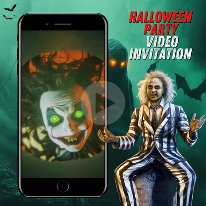 Man in a suit holding a phone, featured in the Beetlejuice Movie Night Halloween Video Invitation - Spooky Customisable Digital Invite from URCordiallyInvited.