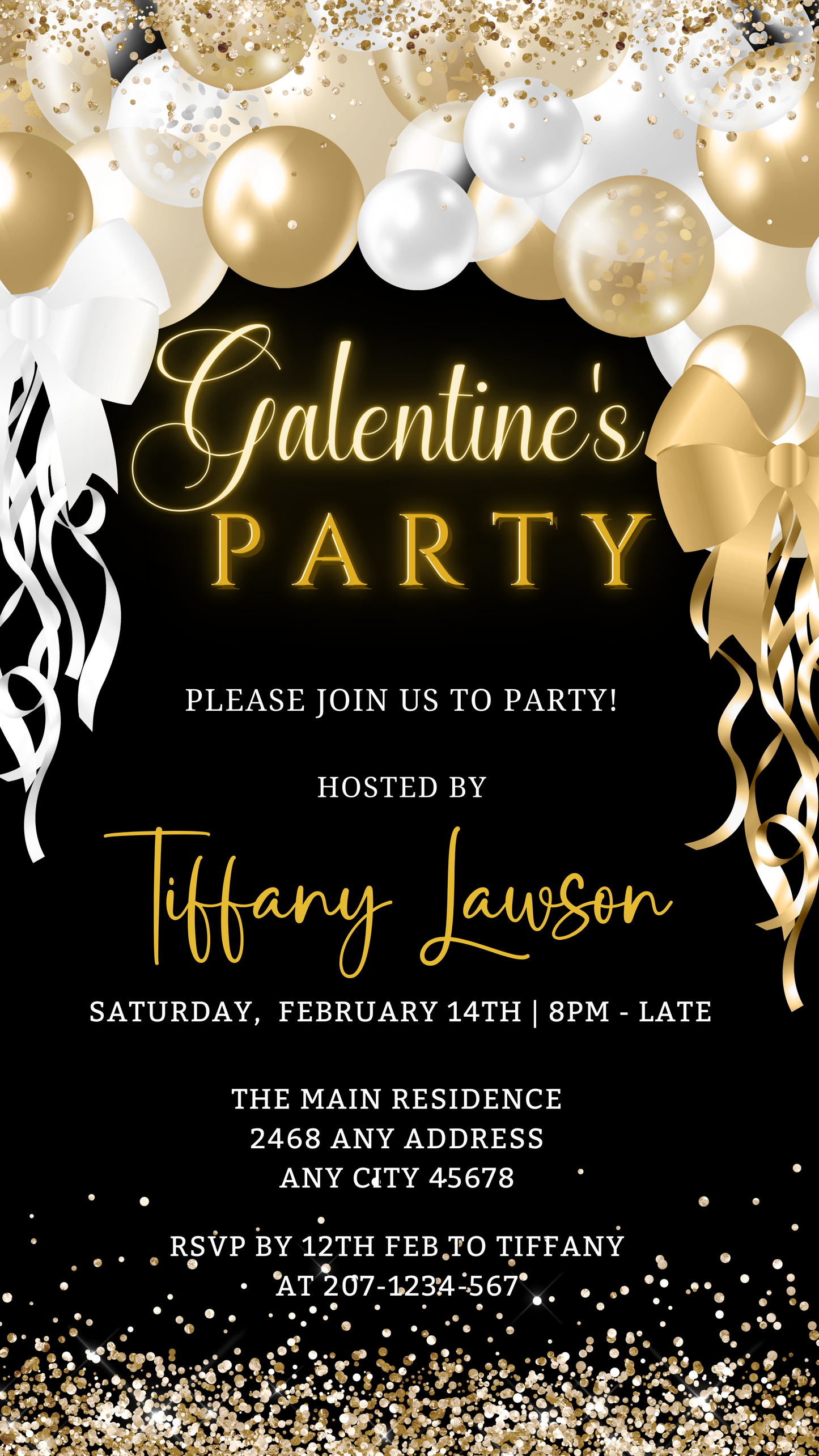 Gold White Balloons Glitter | Galentines Party Evite featuring black and gold design with white and gold balloons and ribbons, customizable via Canva.