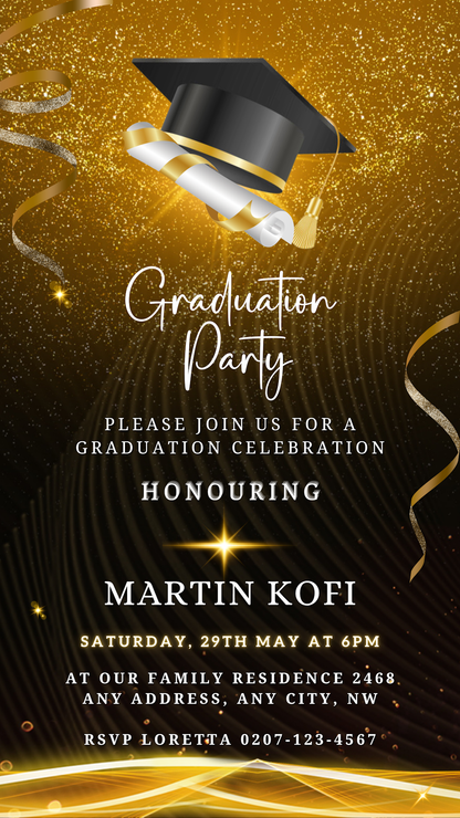 Gold Graduation Party Invitation - Customisable Template featuring a graduation cap, diploma, and celebratory ribbons. Personalise with Canva for a memorable celebration.