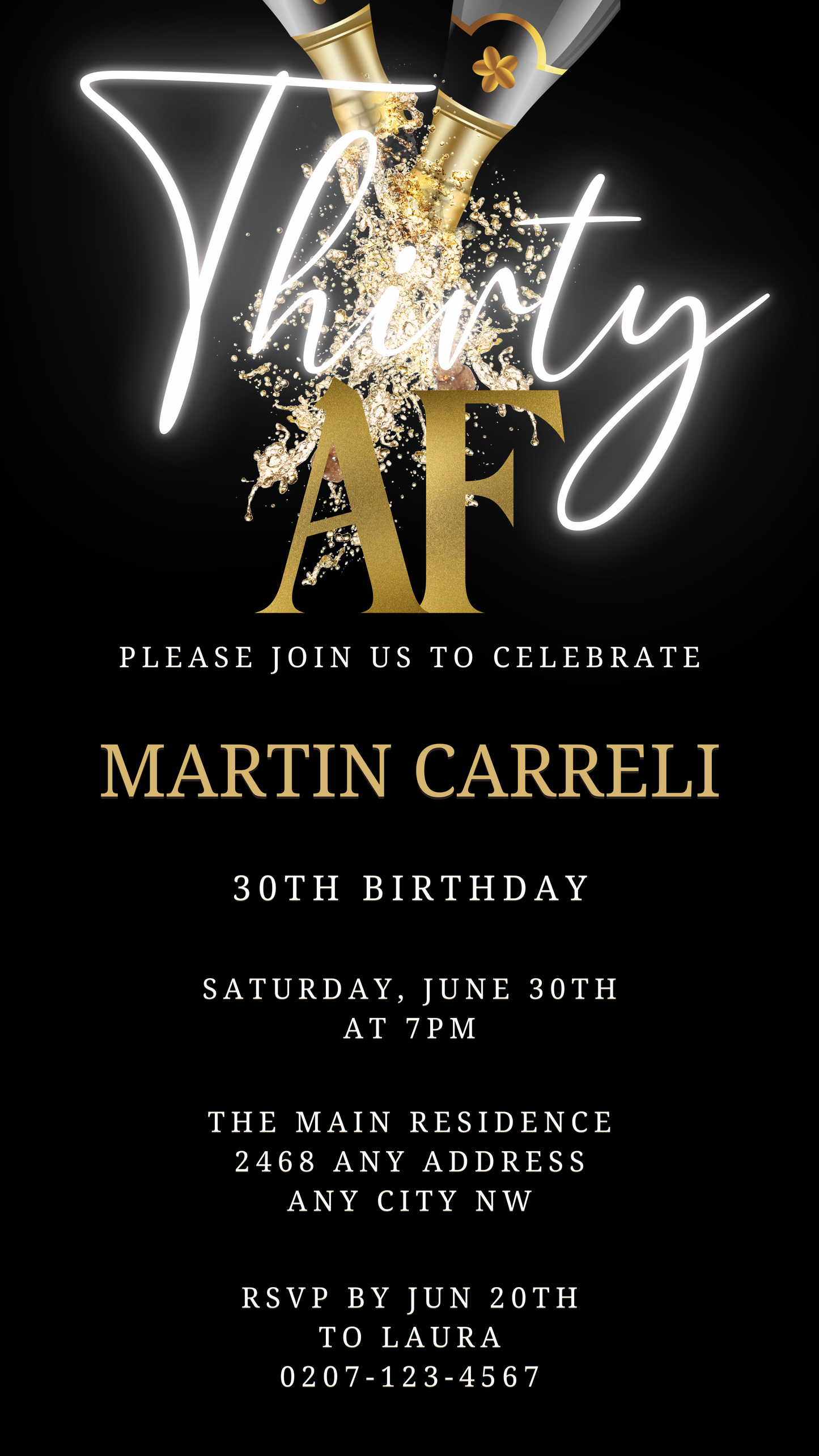 Black Gold Champagne White | Thirty AF Party Evite showcasing customizable black and gold invitation text, with editable elements for a personalized digital party invitation.
