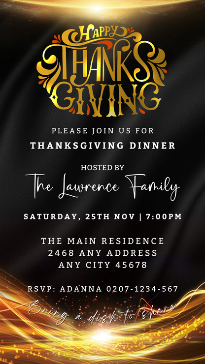 Gold Neon Black Sparkle Thanksgiving Evite template featuring gold text on a black background, customizable via Canva for digital sharing.