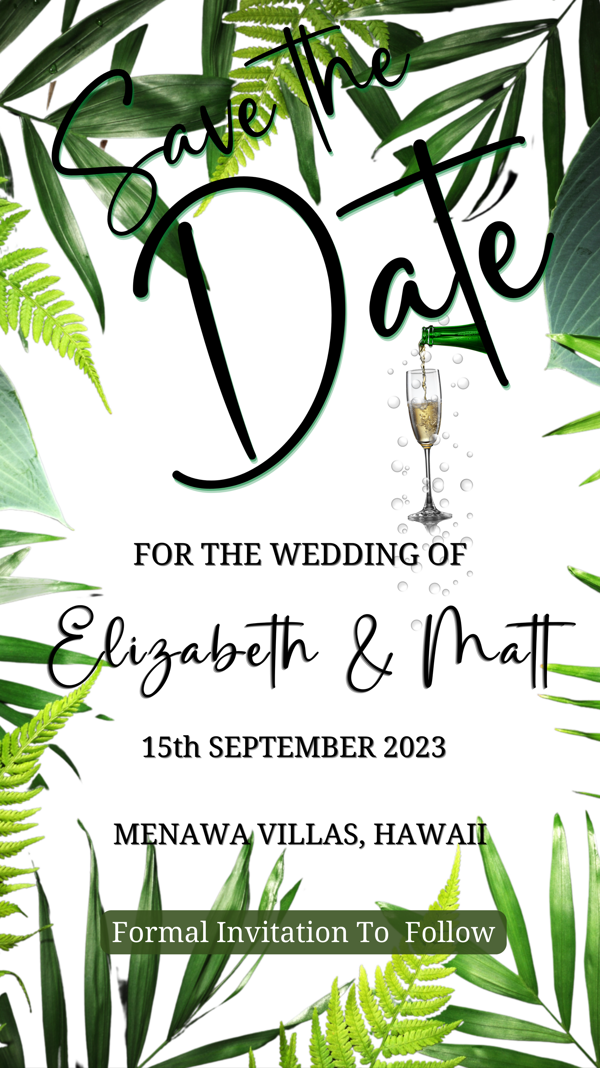 Wedding invitation White Tropical Destination | Save The Date Wedding Evite with champagne glass and green leaves, ready for digital customization.