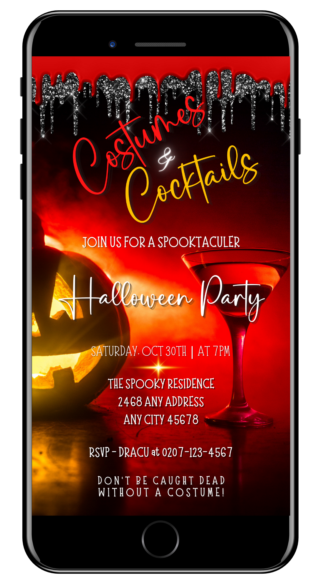 Cell phone screen displaying a Halloween-themed invitation: Red Hot Pumpkin Costumes & Cocktails | Halloween Evite with a carved pumpkin and a martini glass.