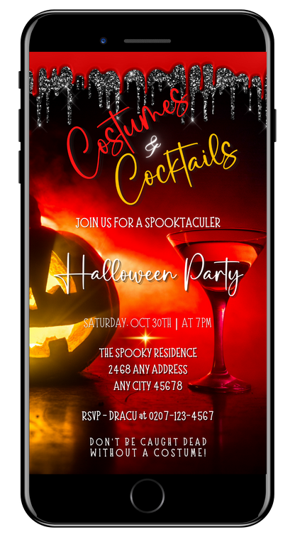 Cell phone screen displaying a Halloween-themed invitation: Red Hot Pumpkin Costumes & Cocktails | Halloween Evite with a carved pumpkin and a martini glass.