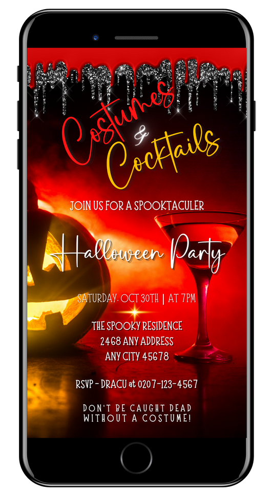 Cell phone screen displaying a Halloween-themed invitation: Red Hot Pumpkin Costumes & Cocktails | Halloween Evite with a carved pumpkin and a martini glass.