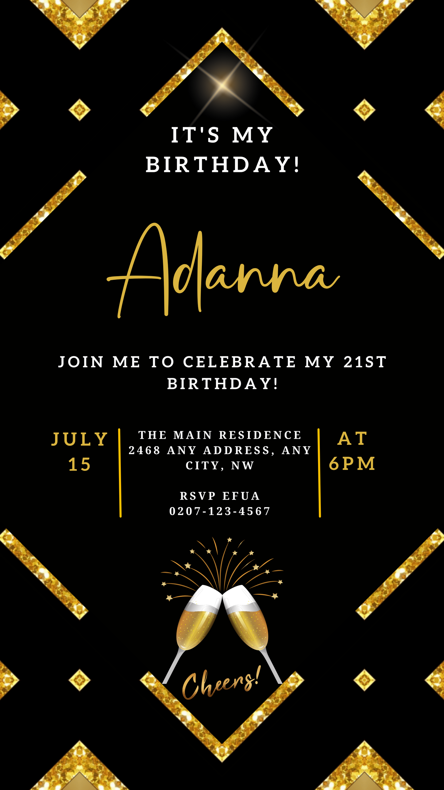 Gold Black Sparkle Editable Party Evite featuring customizable text and design elements, ideal for digital invitations via WhatsApp, Email, and Social Media.