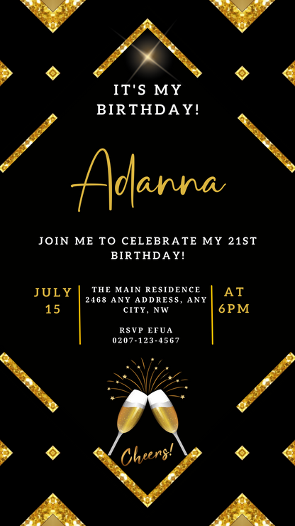 Gold Black Sparkle Editable Party Evite featuring customizable text and design elements, ideal for digital invitations via WhatsApp, Email, and Social Media.