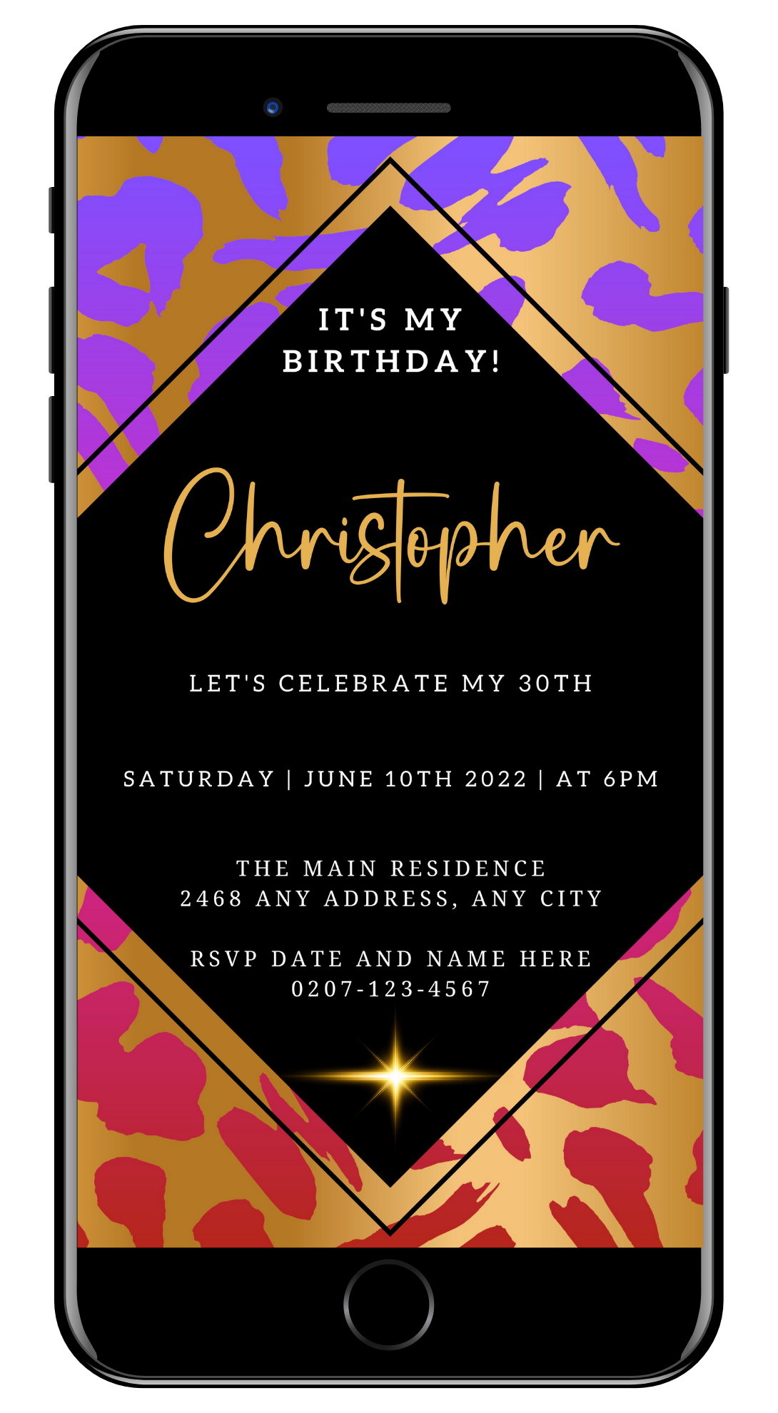 Editable Lilac Gold Animal Print Party Evite displayed on a smartphone screen, showcasing black and gold text. Customizable via Canva for easy digital sharing.