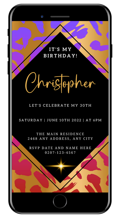 Editable Lilac Gold Animal Print Party Evite displayed on a smartphone screen, showcasing black and gold text. Customizable via Canva for easy digital sharing.