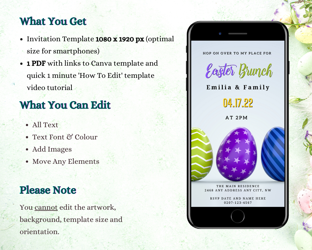 Editable Green Lilac Easter Eggs Evite displayed on a smartphone screen, showing colorful eggs. Download and personalize for Easter brunch using Canva.