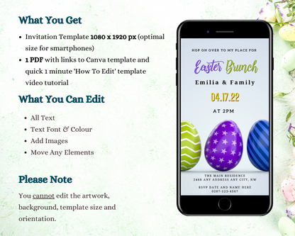 Editable Green Lilac Easter Eggs Evite displayed on a smartphone screen, showing colorful eggs. Download and personalize for Easter brunch using Canva.