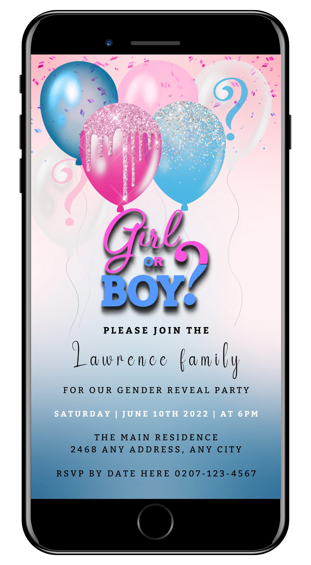 Customisable digital invitation with pink and blue floating balloons and glitter for a gender reveal party, displayed on a smartphone screen.