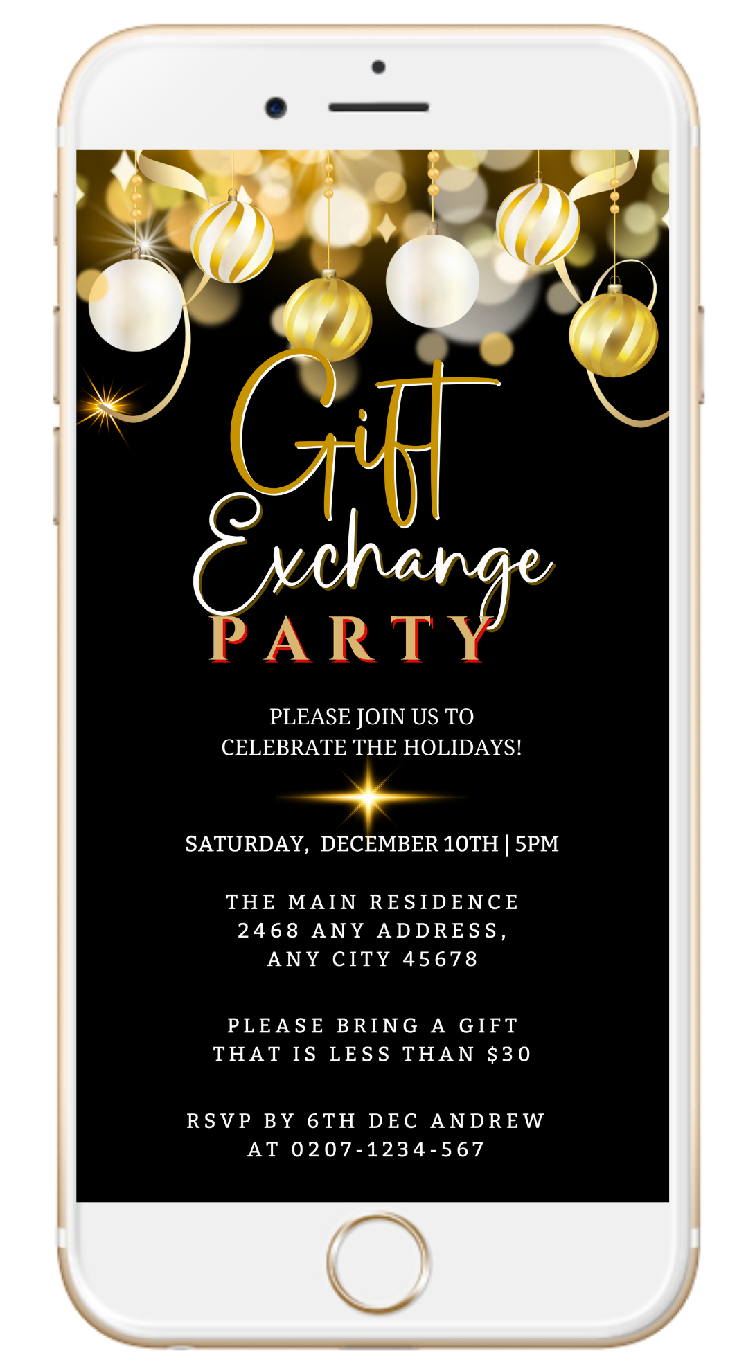Editable digital invitation for a Christmas party with gold text on a black background, featuring white and gold ornaments. Customizable via Canva for smartphones.