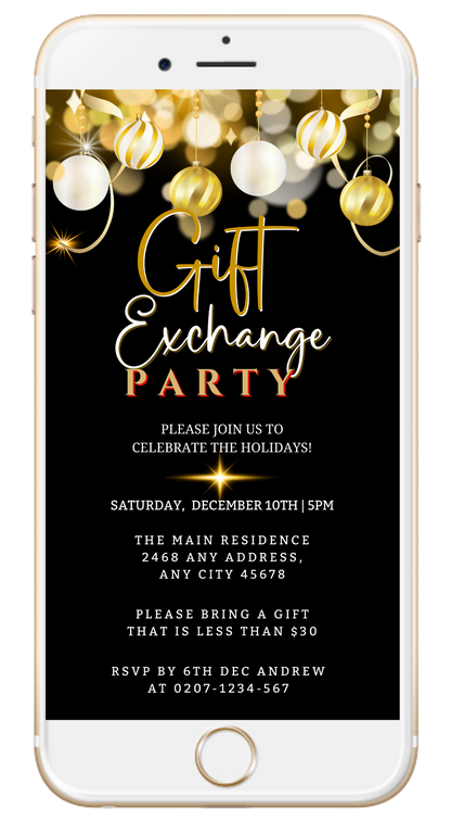 Editable digital invitation for a Christmas party with gold text on a black background, featuring white and gold ornaments. Customizable via Canva for smartphones.