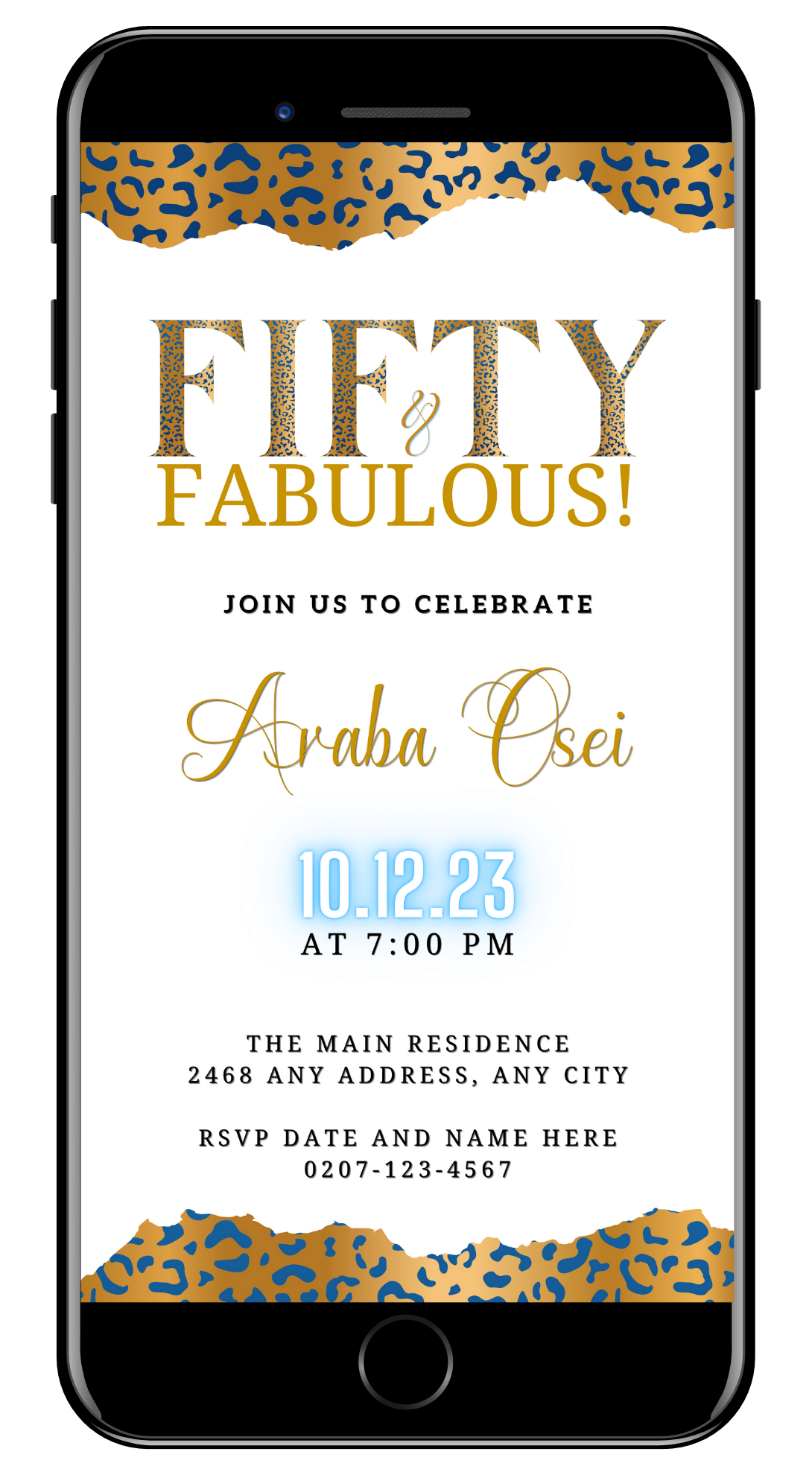Customizable Digital Neon Gold Blue White Leopard | 50 & Fabulous Party Evite displayed on a smartphone, ready for personalization via Canva.