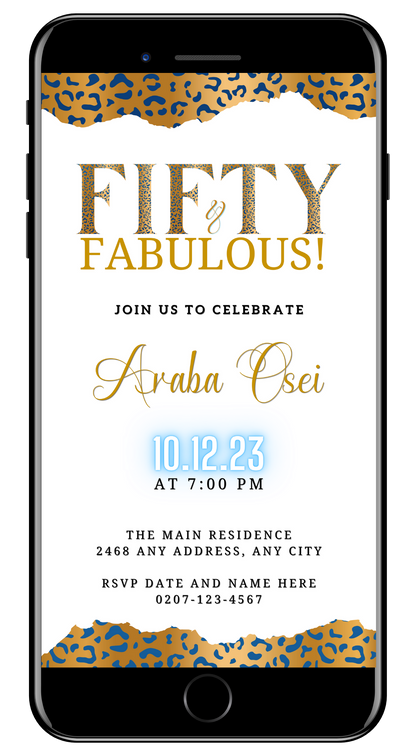 Customizable Digital Neon Gold Blue White Leopard | 50 & Fabulous Party Evite displayed on a smartphone, ready for personalization via Canva.