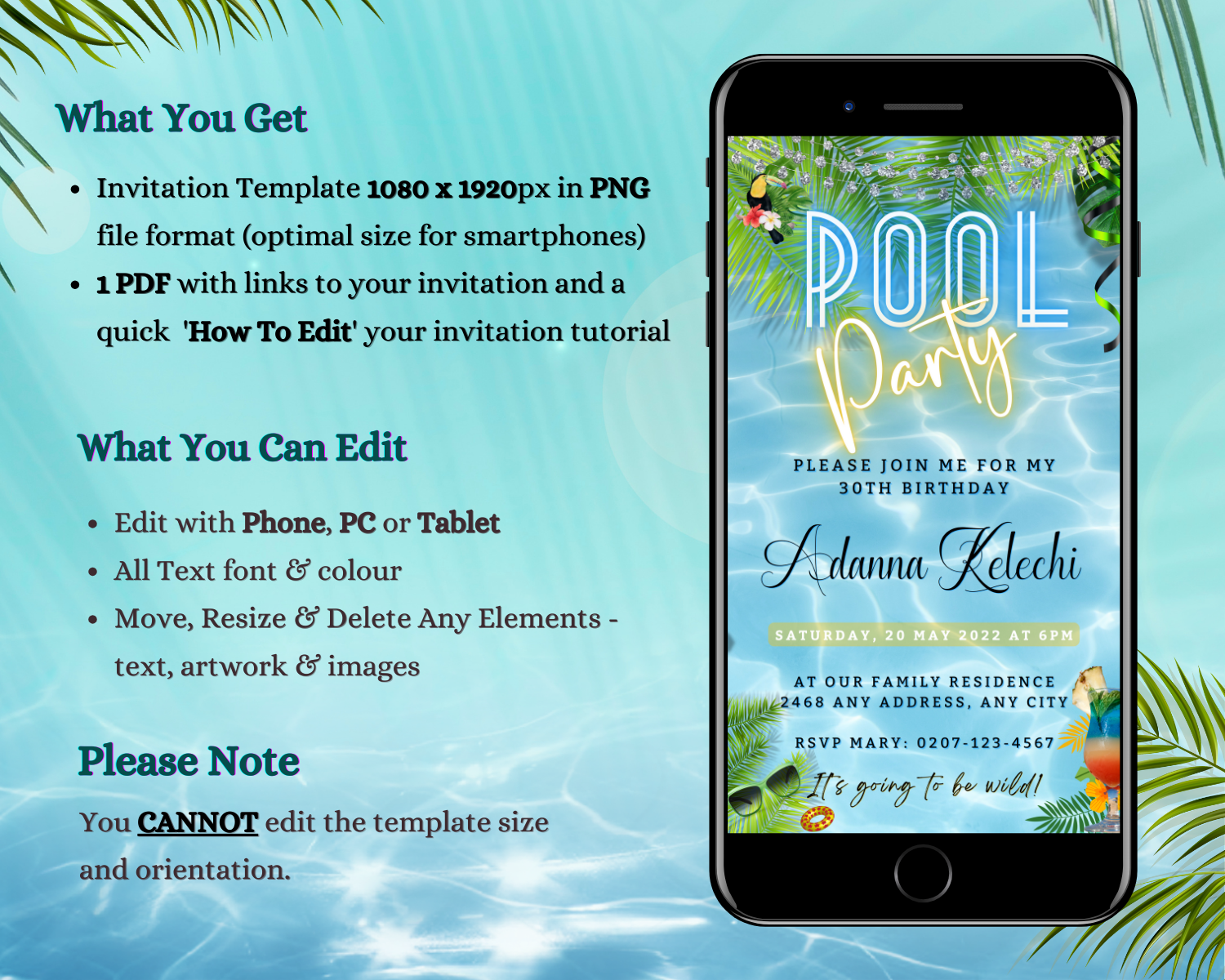 Smartphone displaying customizable Digital Luau Pool Party Invitation template with text and palm leaves, designed for easy editing and sharing via digital platforms.