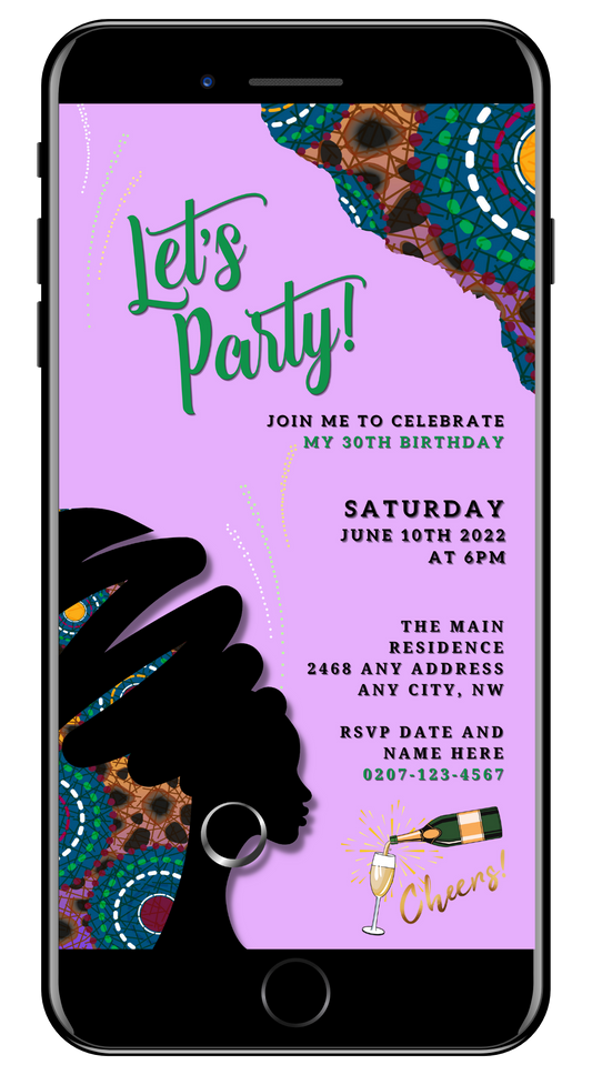 Editable Purple Ankara African Woman Silhouette Party Evite displayed on smartphone screen, showcasing customizable text for event details.