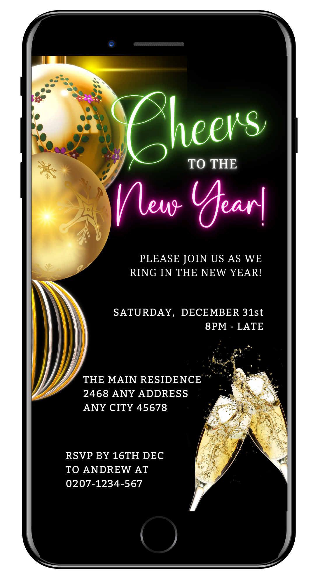 Editable digital invitation featuring Neon Pink Green Ornaments Cheers text on a black background, champagne glasses, and balloons for a New Year's Eve party.