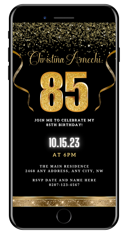 Customizable Digital Black Gold Confetti 85th Birthday Evite with gold glitter text and ribbons, designed for easy personalization via Canva on smartphones.