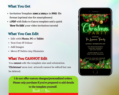 Green Neon Ornaments Border | Christmas Party Evite displayed on a smartphone screen, showcasing editable green neon decorations using the Canva app.