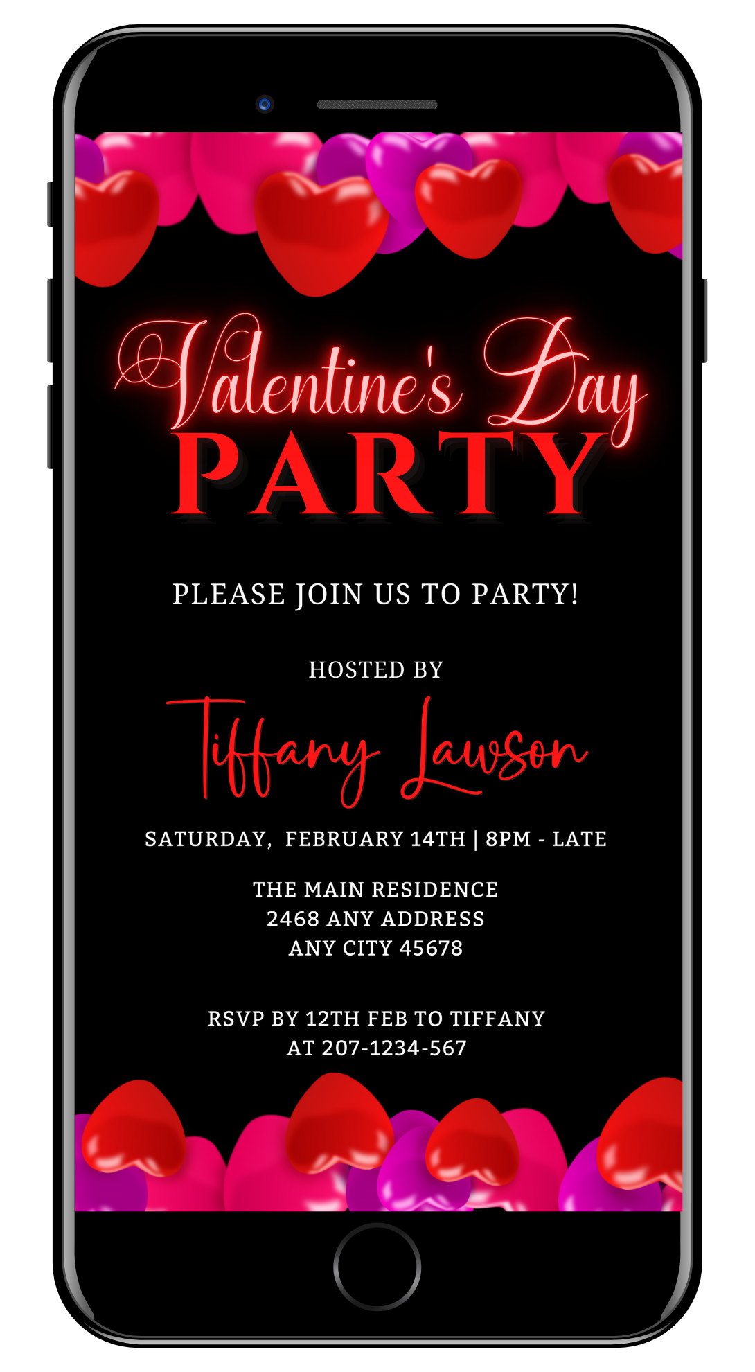 Editable Digital Black Pink Red Hearts Valentine's Party Evite featuring customizable text and heart designs for smartphone use, downloadable and editable via Canva.