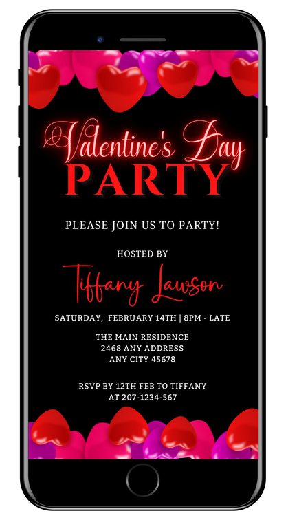 Editable Digital Black Pink Red Hearts Valentine's Party Evite featuring customizable text and heart designs for smartphone use, downloadable and editable via Canva.