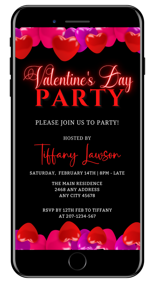 Editable Digital Black Pink Red Hearts Valentine's Party Evite featuring customizable text and heart designs for smartphone use, downloadable and editable via Canva.