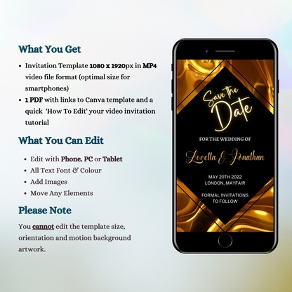 Gold Black Diamond Save The Date Video Invitation displayed on a smartphone screen, showcasing customizable text and elegant design for digital event invitations.
