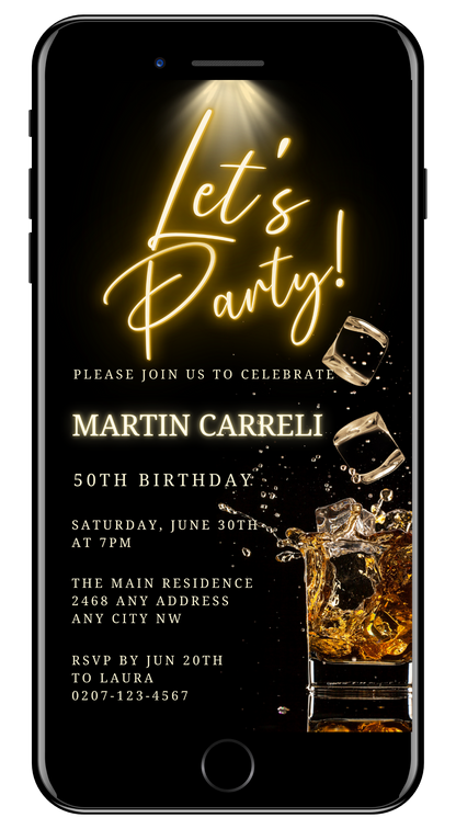 Customisable Gold Neon Splashing Cubes Party Evite displayed on a smartphone screen with editable text and ice cube graphics.