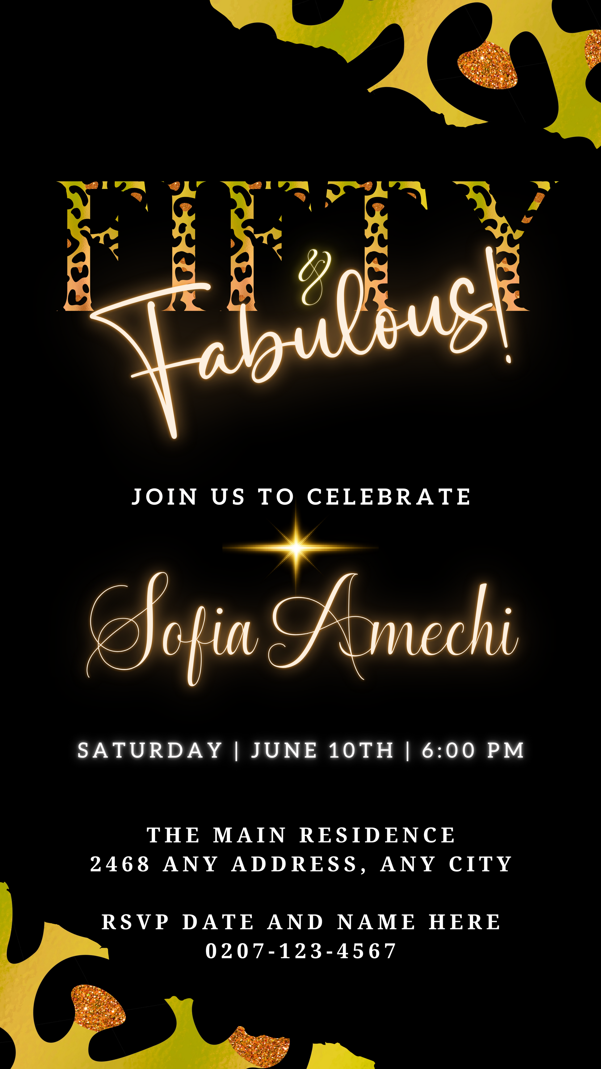 Black and gold Fifty & Fabulous digital invitation with leopard print, customizable via Canva for birthdays and other occasions. Download instantly and personalize easily.