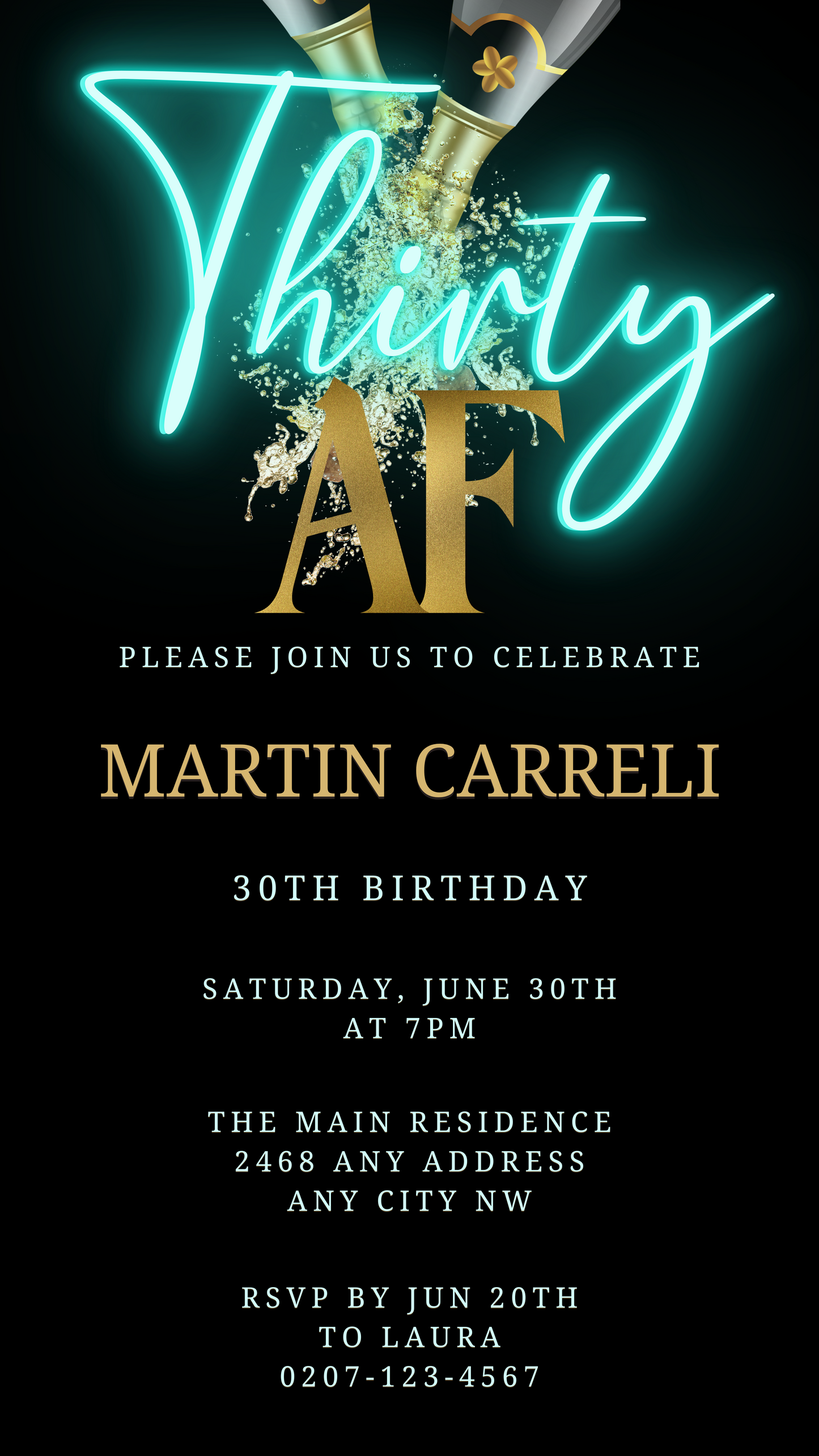 Black and gold invitation with neon teal accents, customizable for a 30AF party, featuring champagne graphics and editable text for smartphones via Canva.