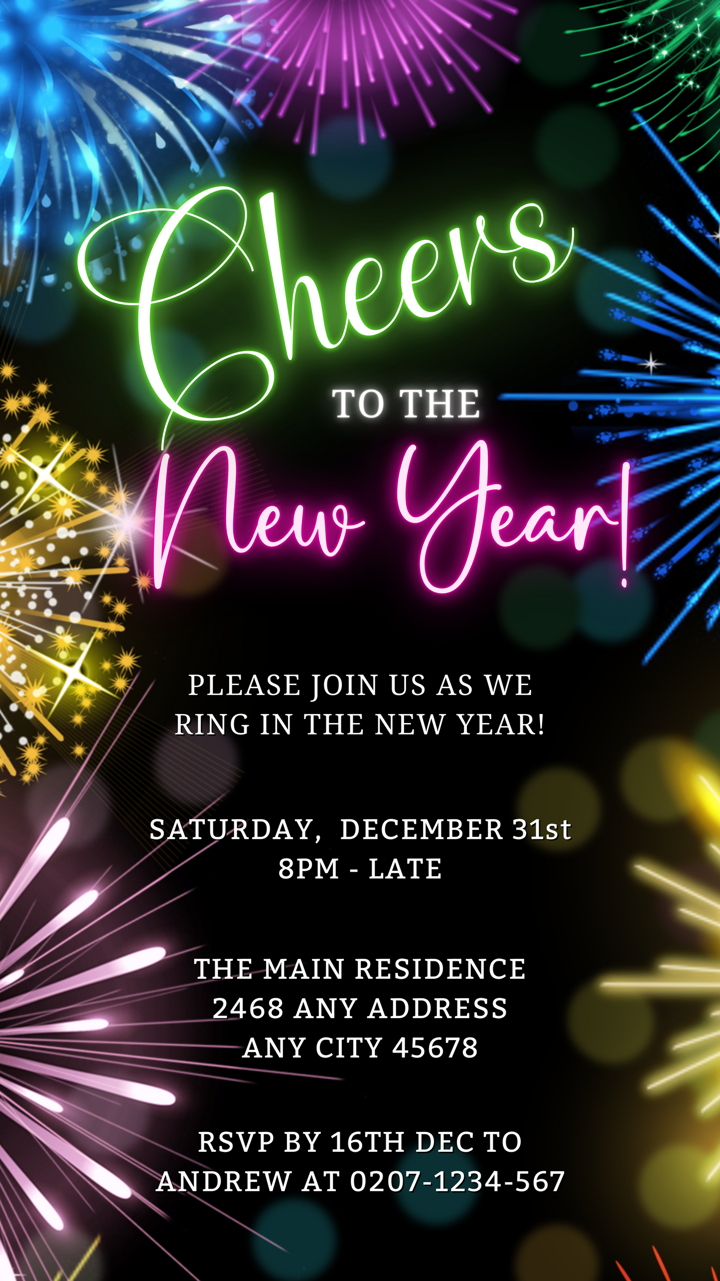 Neon Pink Green Fireworks digital invitation template for New Year's Eve party, customizable via Canva, ideal for smartphone sharing.
