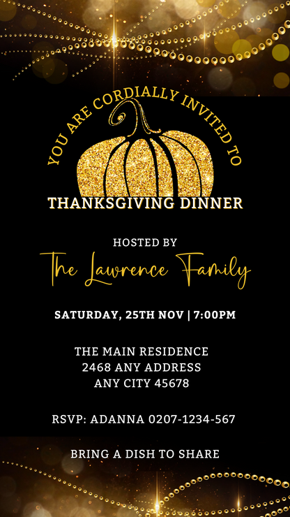 Golden Pumpkin Sparkle Thanksgiving Dinner Evite: A customizable digital invitation with a black and gold design featuring a pumpkin with a swirly stem.