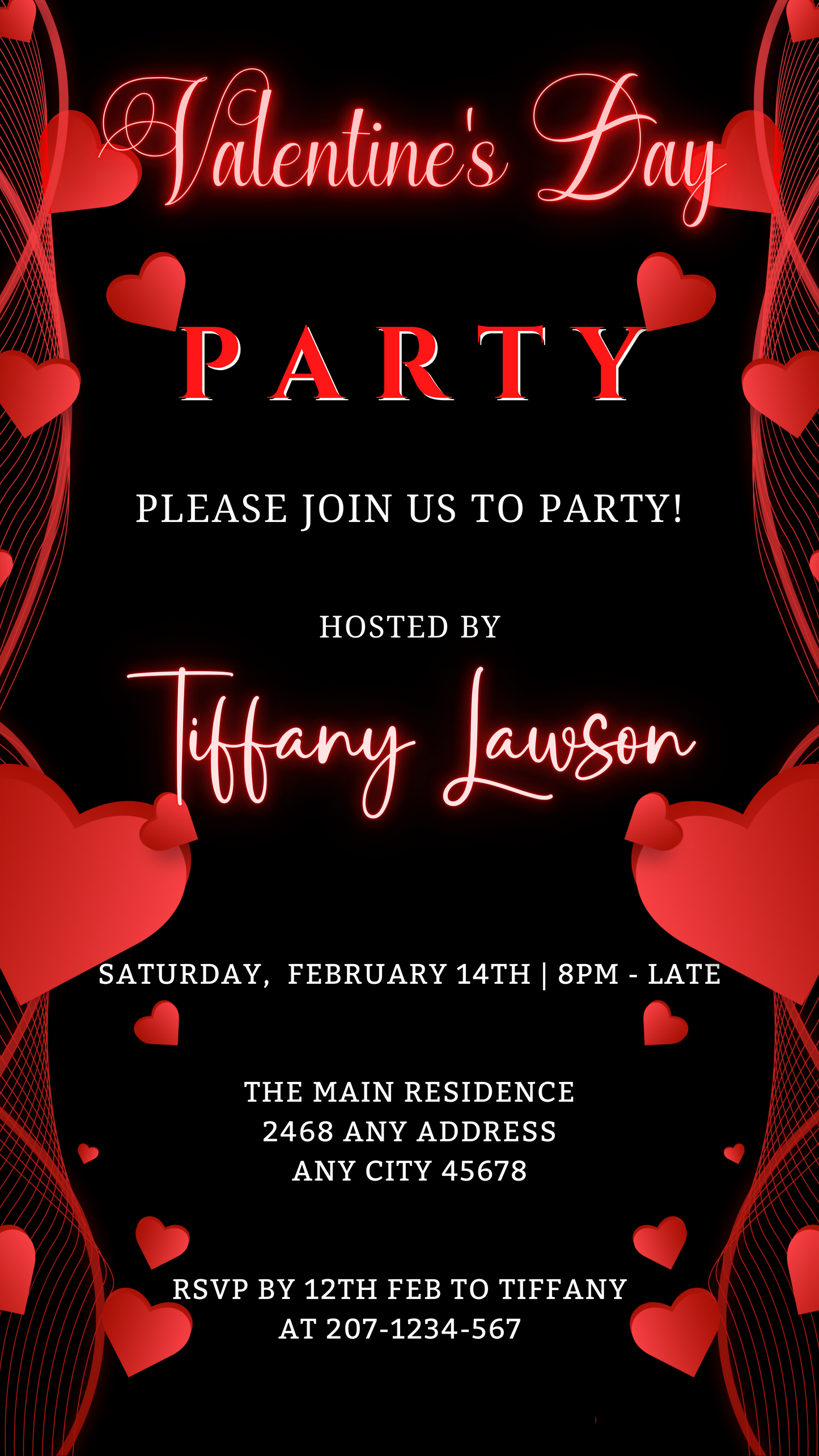 Black Neon Red Boarder Hearts Valentines Party Evite featuring red hearts and customizable text, downloadable for editing via Canva on smartphones, tablets, or PCs.