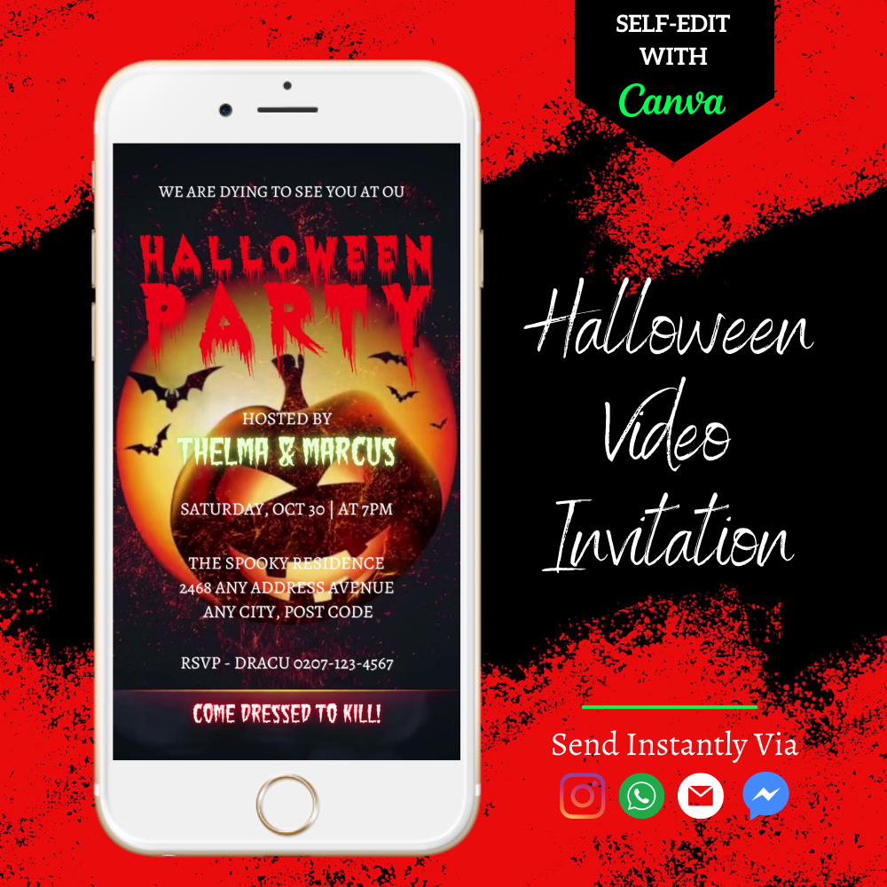 Explosive Pumpkin Halloween Party Video Invite displayed on a white phone screen, featuring a spooky design with bats and misty smoke.